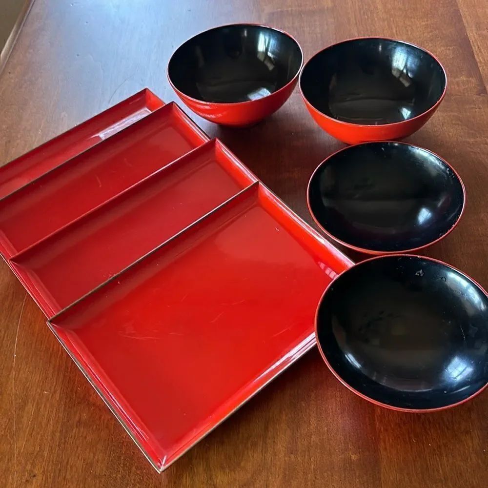 Vintage Japanese Laquered Plates & Rice Bowls